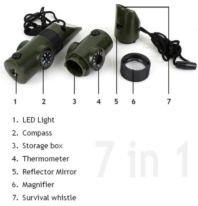7 in 1 Jungle Survival Whistle Hiking Whistle Compass Mirror Flashlight