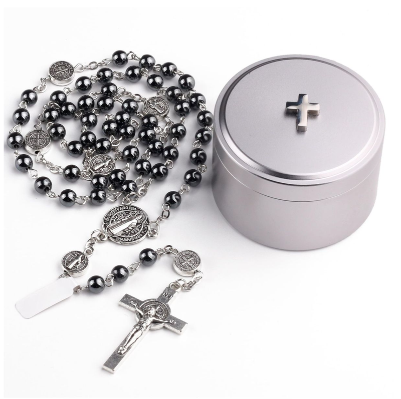 Necklace Car Ornament Black Hematite Bead Saint Benedict Medal Jesus Cross