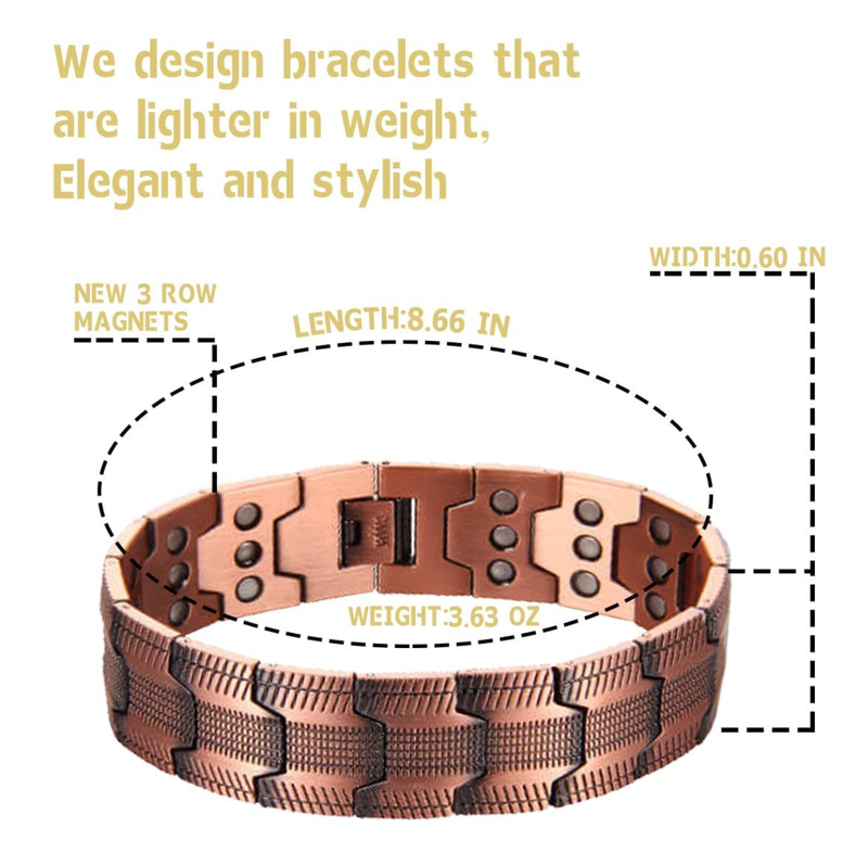 3800 Gauss Adjustable Magnetic Therapy Pure Copper Bracelet for Mens