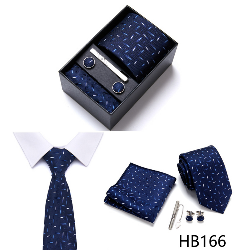 Fashion Elegant Men's Necktie Gift Box Striped Tie Handchief Cufflink Tie Clip Set