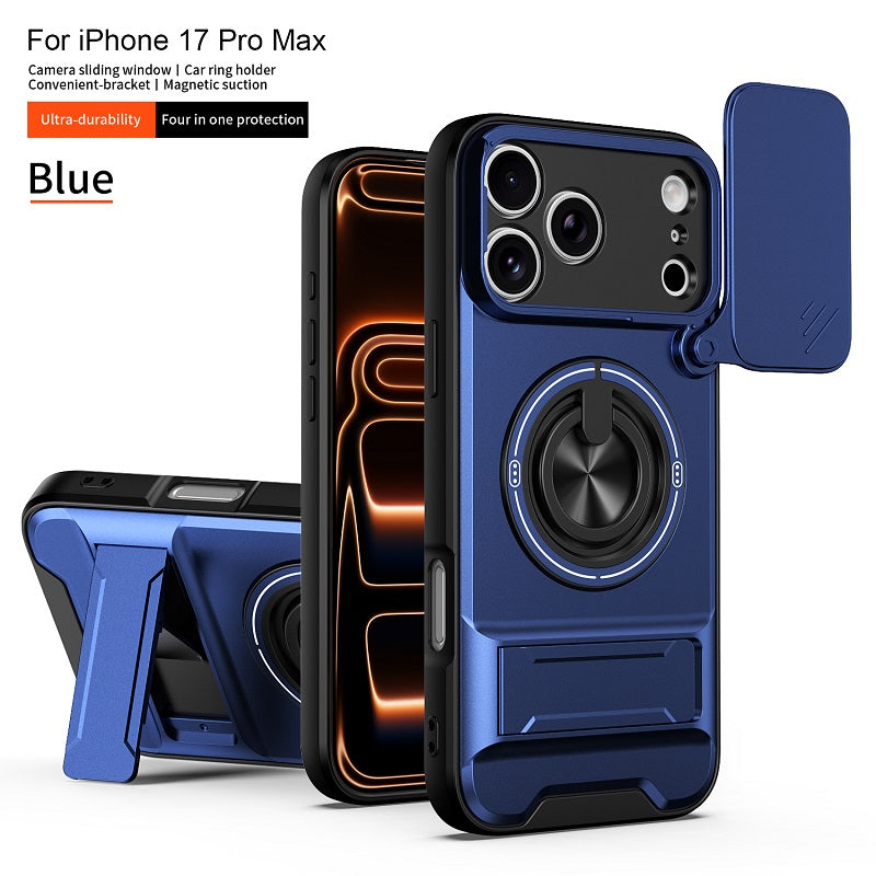 Luxury Slide Camera Lens Cover Case for iPhone 17 Pro Max, Built-in Ring Stand and Folding Stand Magnetic Protective Case
