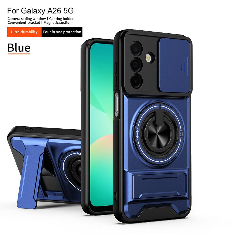 Luxury Slide Camera Lens Cover Case for Samsung Galaxy A26 5G, Built-in Ring Stand and Folding Stand Magnetic Protective Case