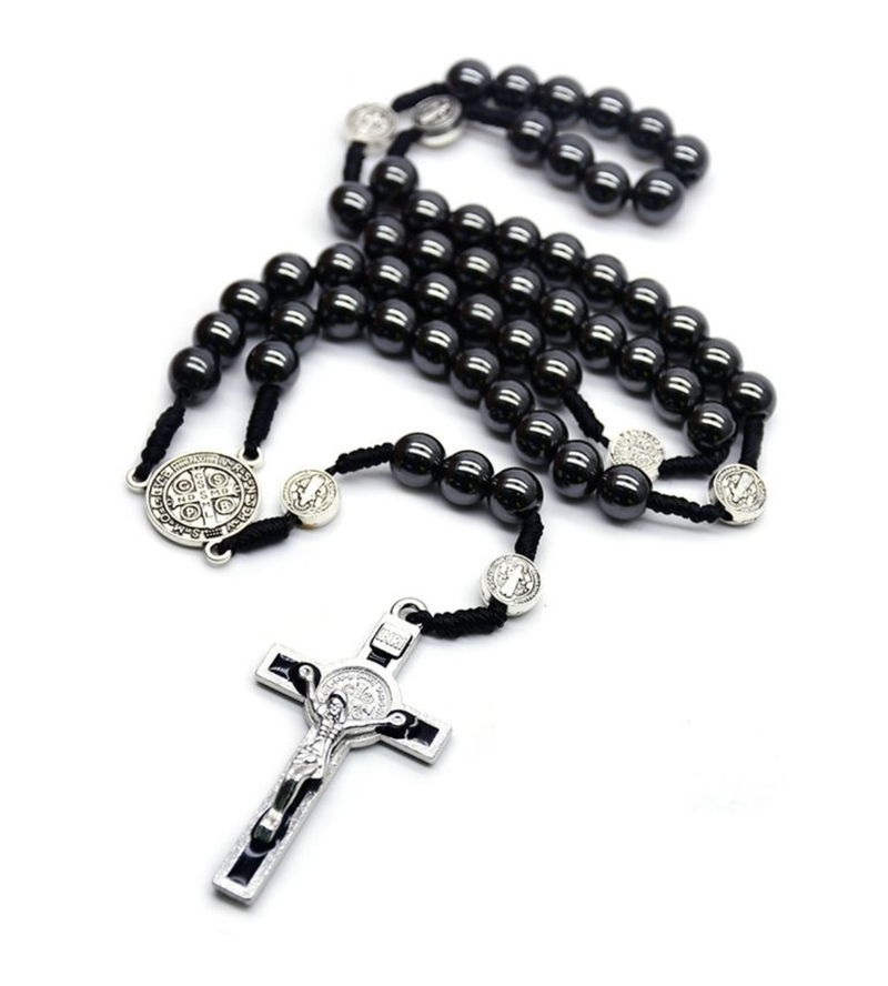 Hematite Strand Woven Crucifix Pendant Necklace Saint Benedict Rosary