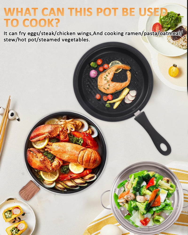 Hot Pot Mini Cooker, 1.8L Ceramic Non-Stick Frying Pan with Steamer