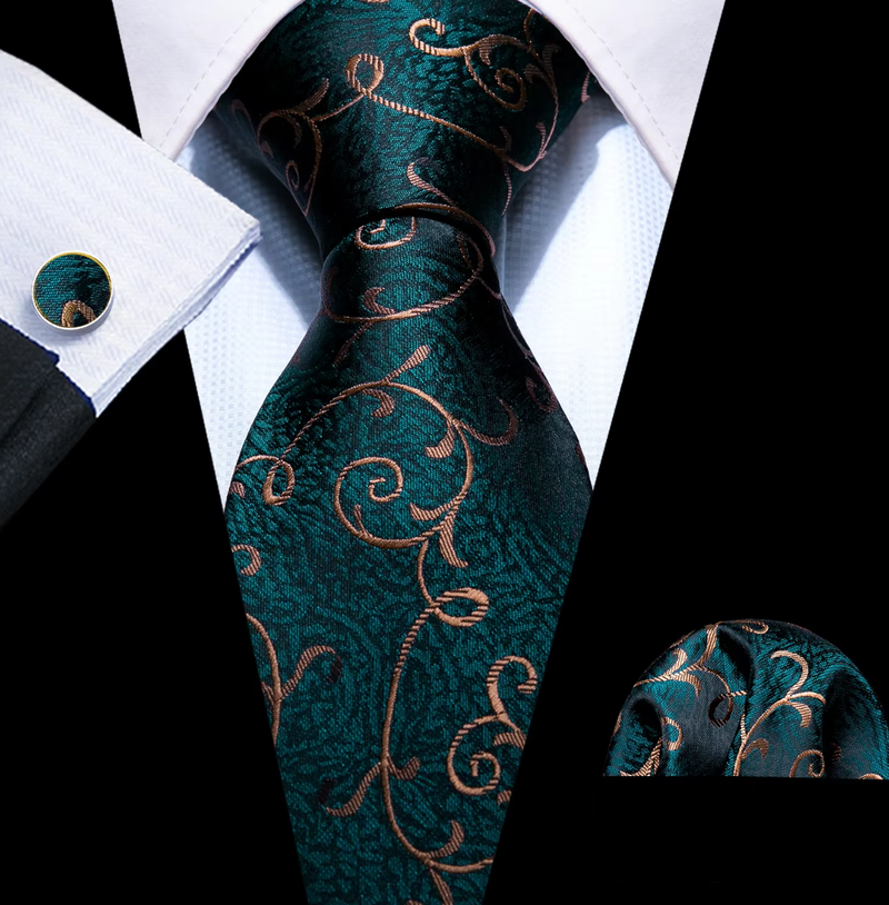 Mens Tie Jacquard Necktie Pocket Square Cufflinks Set Green Golden Vine