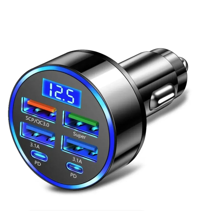 Car Charger Flash Charge Plug with Digital Display One to Six Car Charger