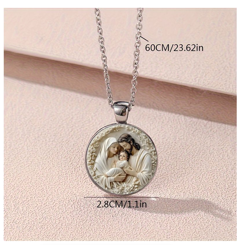 Family Glass Pendant Necklace Catholic Saint Joseph Virgin Mary Jesus
