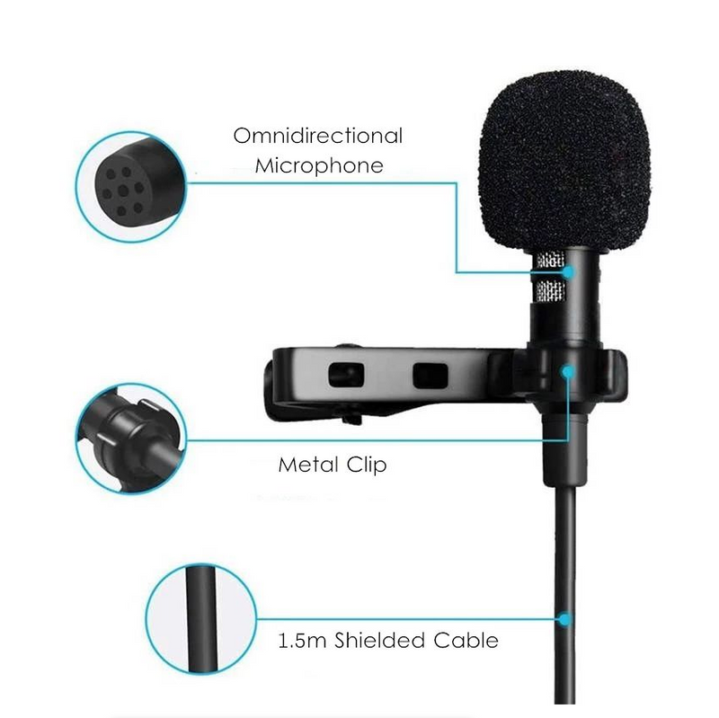 Portable 1.5m Lavalier Mini Microphone Condenser Clip-on Lapel Mic