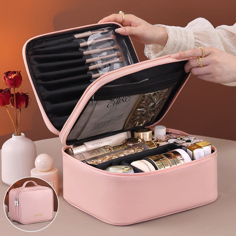 New Double Layer Makeup Bag - 4 Compartment Travel Cosmetic Organizer, Portable Toiletry Case & Multi-Function Vanity Tray