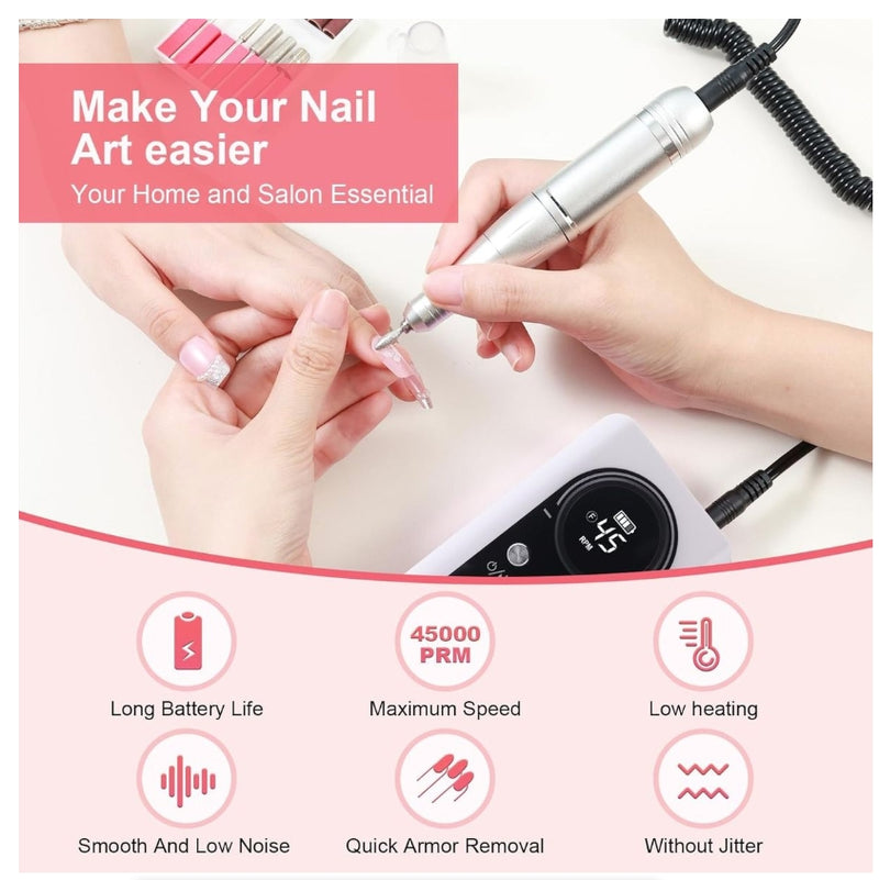 Nail Drill 45000RPM Rechargeable Set Electric Machine Polish Grind Salon