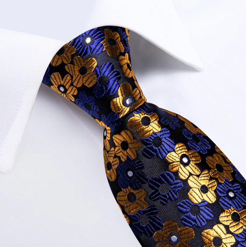 Luxury Men's Tie Necktie Pocket Square Cufflinks Set Yellow Blue Floral
