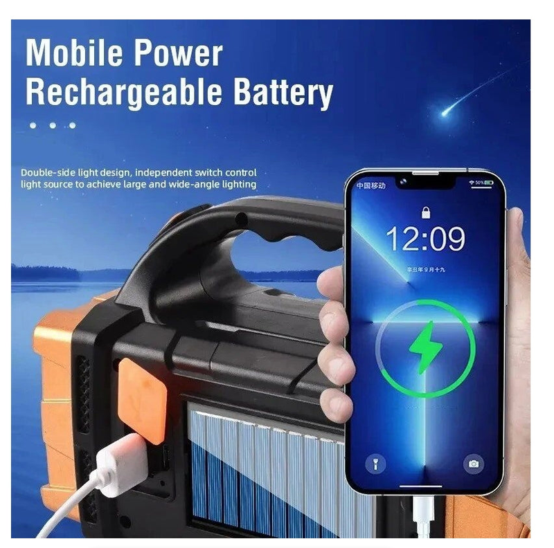 LED Flashlight USB+Solar Rechargeable Flashlight COB Outdoor Camping