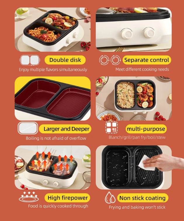 Electric Hot Pot Grill Cooker Household Multi-Cooker Non-Stick Cooking Pot