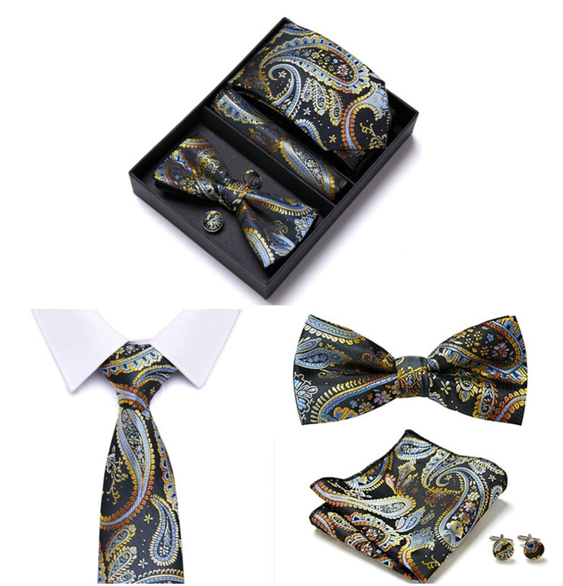 Men's Bow Tie Set Handkerchief Cufflinks Necktie Set