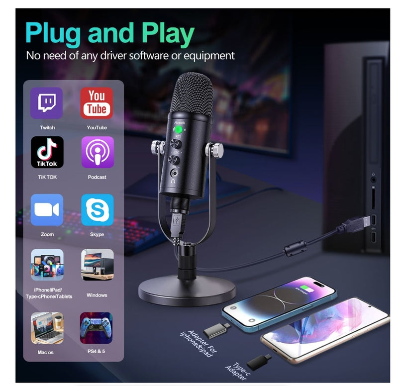 USB Microphone,Condenser Microphone for Phone,Computer,PS4 and PS5