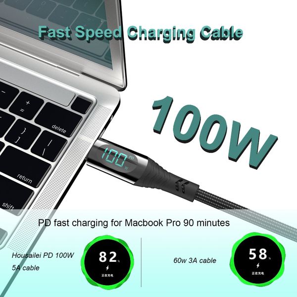 100W Nylon USB C Type C Cable LED Fast Charging Charger Wire Cable