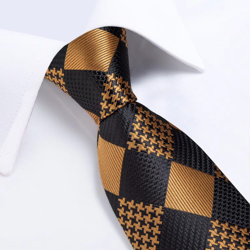 IPSTYLE Mens Tie Black Golden Jacquard Necktie Pocket Square Cufflinks Set