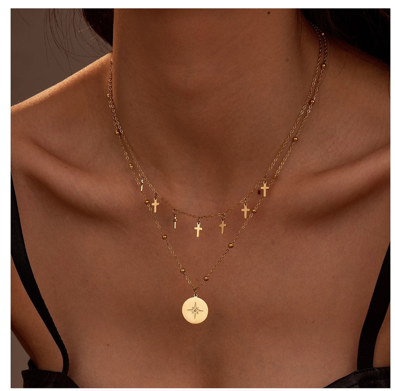 Cross Pendant Clavicle Necklace Stacked Gold Metal Girl Fashion Jewelry