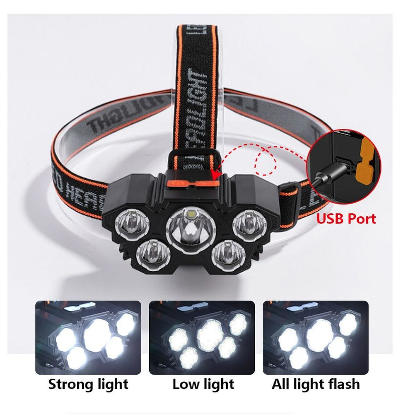 5 LED Flashlight Rechargeable Strong Light Camping Adventure Head Light