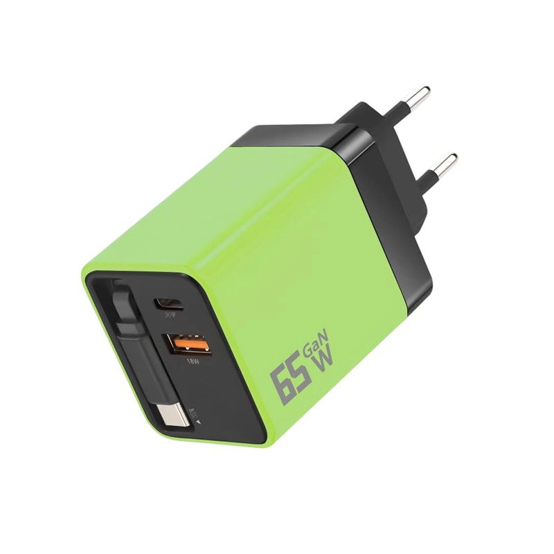 65W Fast Quick Charge 3 Ports USB Type C Adapter Built In Cable Compatible With iPhone and Samsung and Xiaomi devices.
