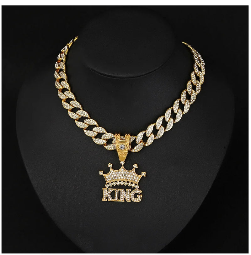 Hip Hop Crown King Pendant Necklace with 13mm Crystal Cuban Chain