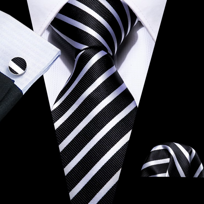 Mens Tie Jacquard Necktie Pocket Square Cufflinks Set Black White Striped