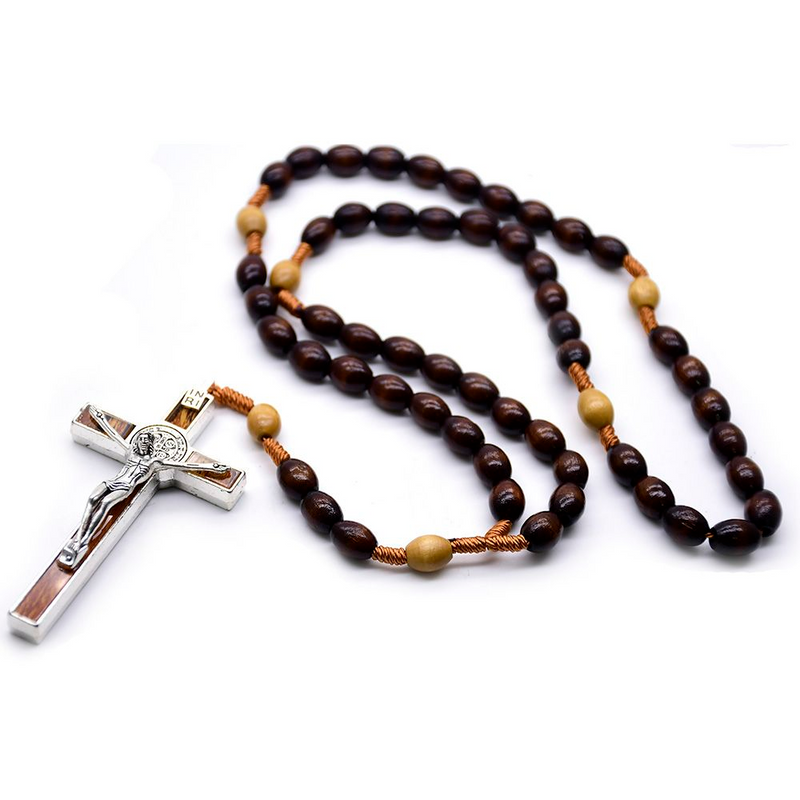 Dark Coffee Rice Shaped Wood Beads Rope Rosary Cross Necklace