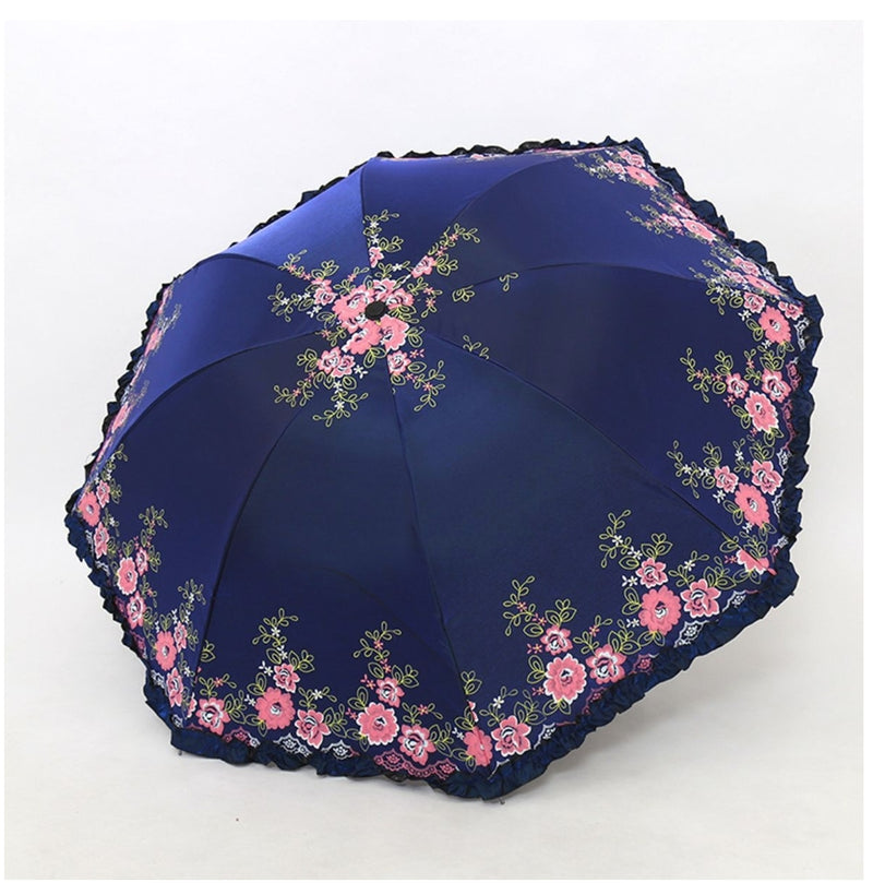 Folding Umbrella UPF50+ Flower Embroidery Umbrella Princess Umbrella