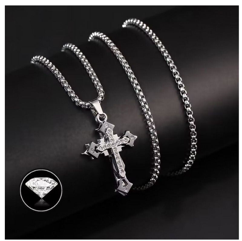 New Multilayer Cross Necklace with Diamond Pendant Stainless Steel Chain