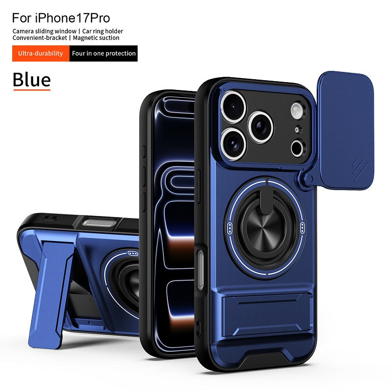 Luxury Slide Camera Lens Cover Case for iPhone 17 Pro, Built-in Ring Stand and Folding Stand Magnetic Protective Case