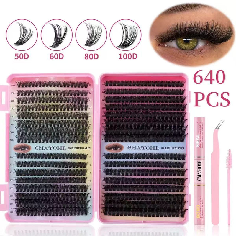 640 Pieces Thick Cluster Eyelash Extensions 10-16mm DIY False Eyelashes Kit 50D/60D/80D/100D Single Eyelashes, Soft Texture, And Easy To Use
