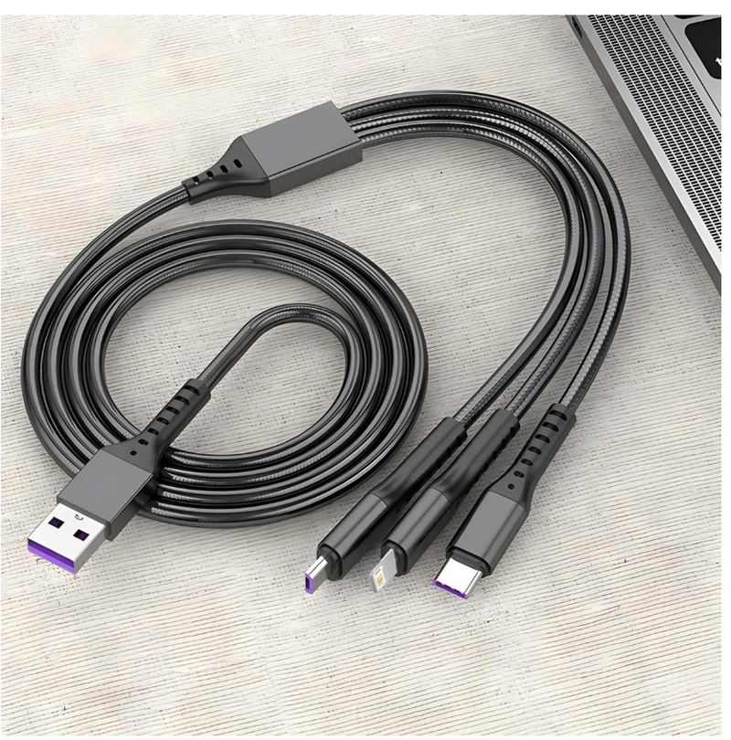 3 in 1 USB Charge Cable 6A 100W Portable Micro USB Type C Cable
