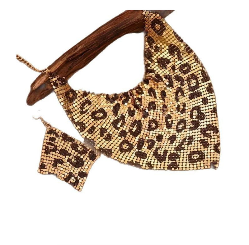 Fashion Leopard Print Jewelry Set Bib Necklace & Dangle Earrings Set