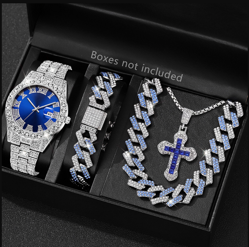 IPSTYLE Men's Quartz Watch Set with Hip Hop Bracelet Necklace Birthday Gift