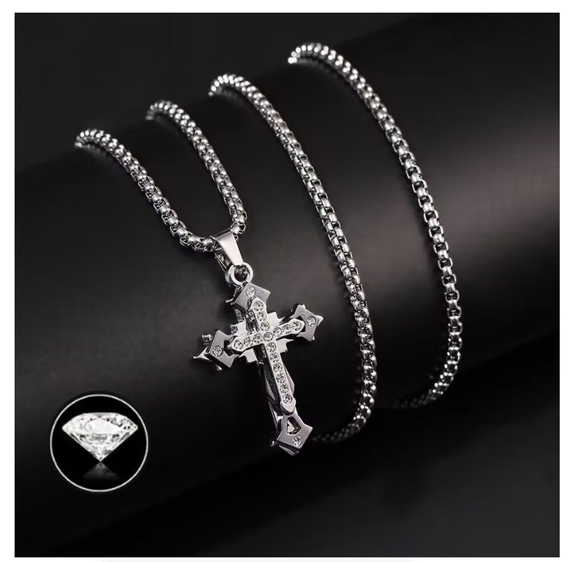 New Multilayer Cross Necklace with Diamond Pendant Stainless Steel Chain