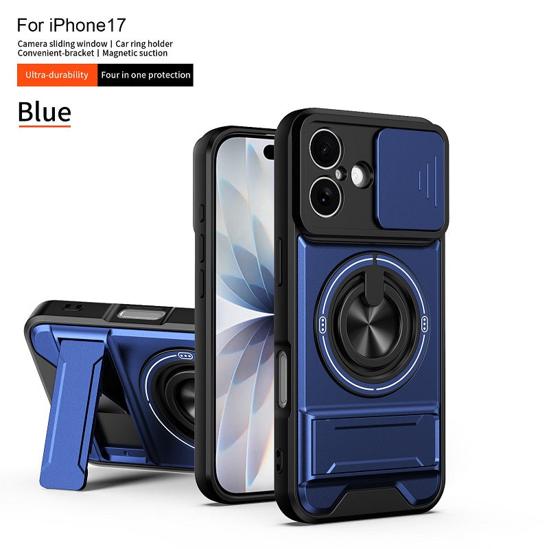 Luxury Slide Camera Lens Cover Case for iPhone 17, Built-in Ring Stand and Folding Stand Magnetic Protective Case