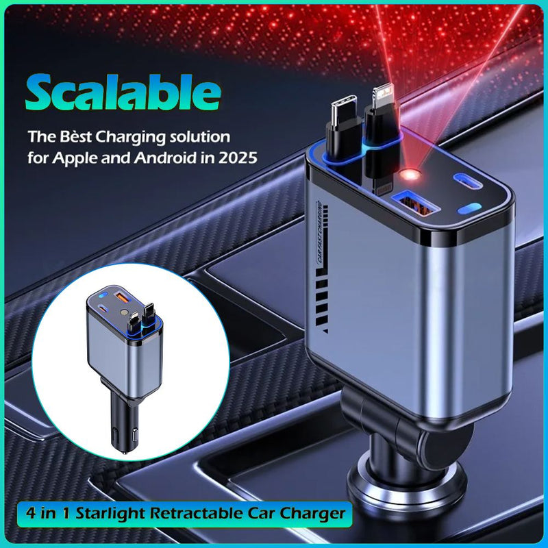 Phones 4 in 1 Retractable Car Charger with 120W USB C Car Fast Charger