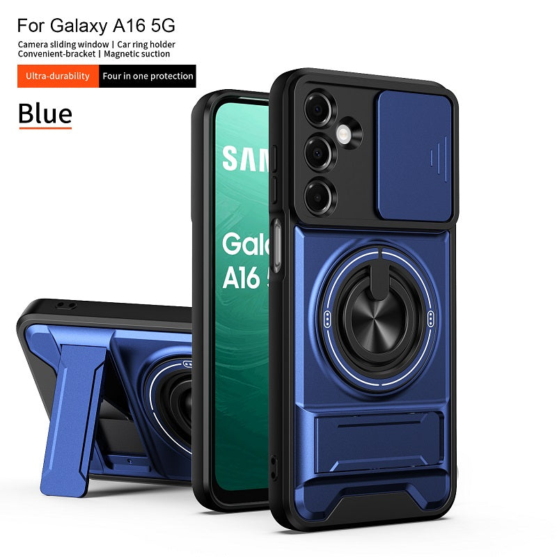 Luxury Slide Camera Lens Cover Case for Samsung Galaxy A16 5G/4G, Built-in Ring Stand and Folding Stand Magnetic Protective Case