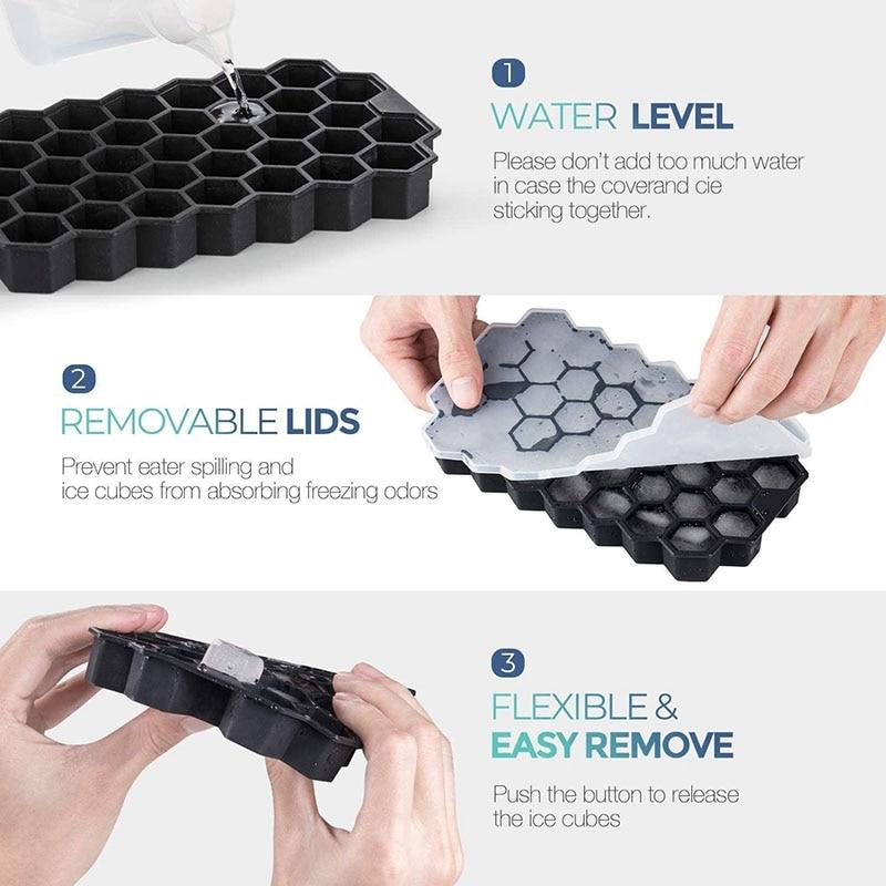 Ice cube tray, 3 silicone ice cube trays with lids, spherical ice mould