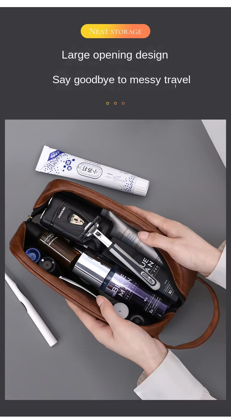 Contrast Color Men's PU Wash Bag Medium Capacity Waterproof Zipper Closure Side Handle Portable Cosmetic Storage Travel Fitness