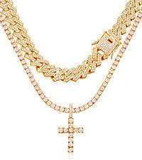 Iced Out Zirconia Cuban Link Chain Necklace, Men Cross Pendant Necklace Set, Hip Hop Bling for Men