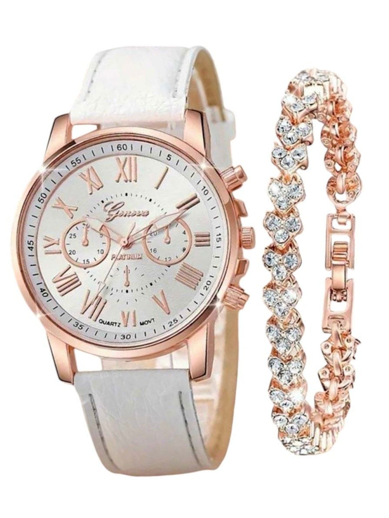2 Piece Ladies' Casual Round Pointer Quartz Watch and Bracelet