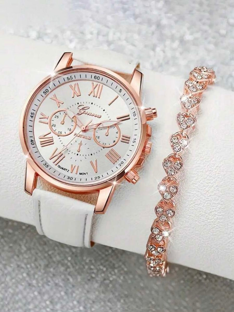 2 Piece Ladies' Casual Round Pointer Quartz Watch and Bracelet
