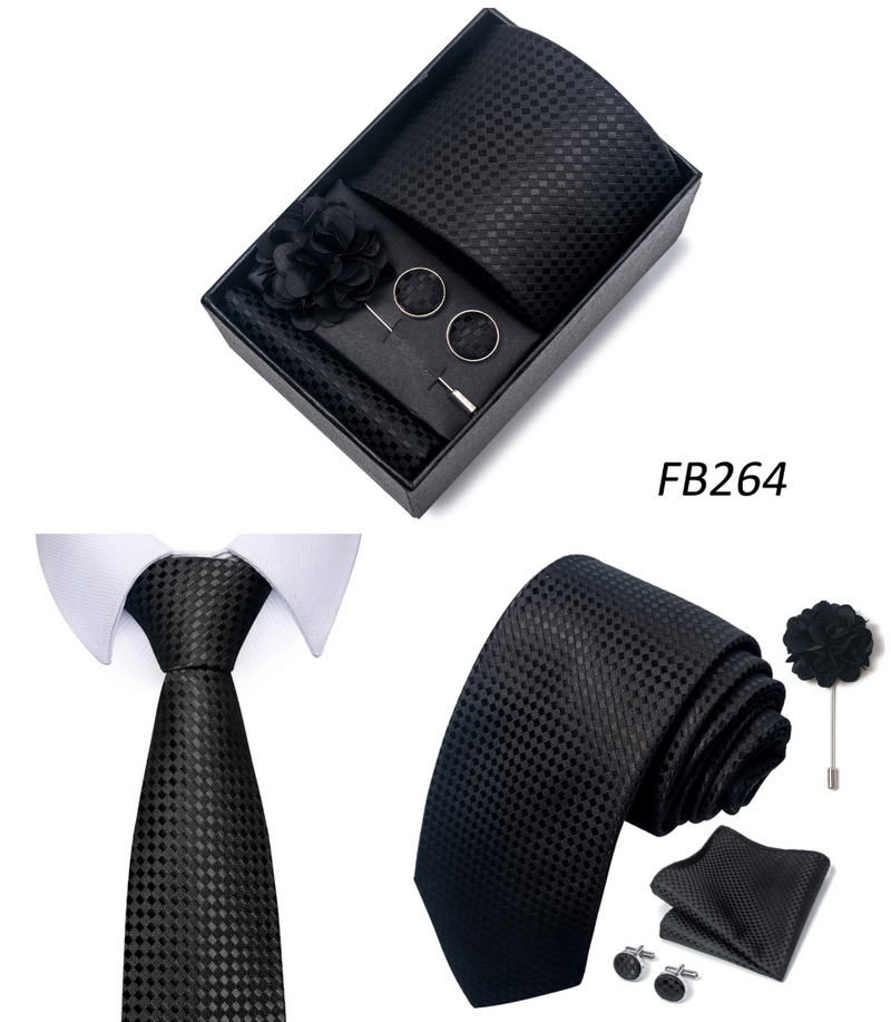 Men Ties Set Color Necktie Handkerchief Cufflinks Brooch Formal