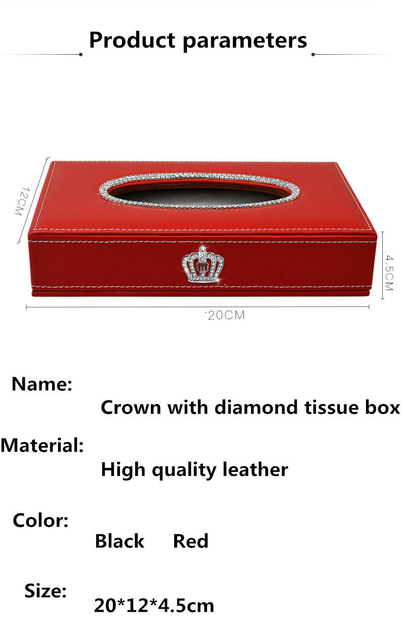 Crown Towel Box Square Cover Rhinestone Block Artificial Leather Red
