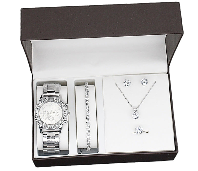 5 PCS Crystal Watch Lady Silver Accessories Necklace Bracelet Woman Gift
