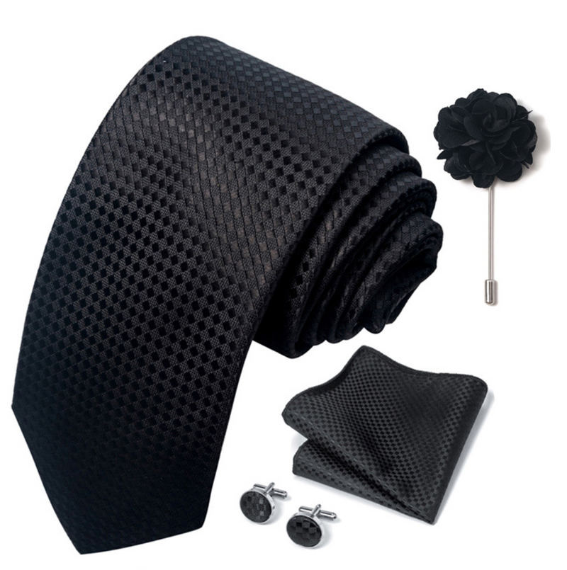 Men Ties Set Color Necktie Handkerchief Cufflinks Brooch Formal