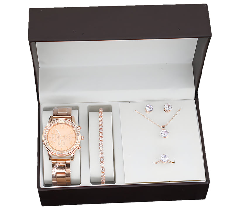 5 PCS Crystal Watch Lady Silver Accessories Necklace Bracelet Woman Gift