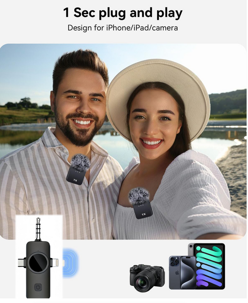 3 in 1 Wireless Lavalier Mic - 10M Range, 8H Battery, Noise Cancel