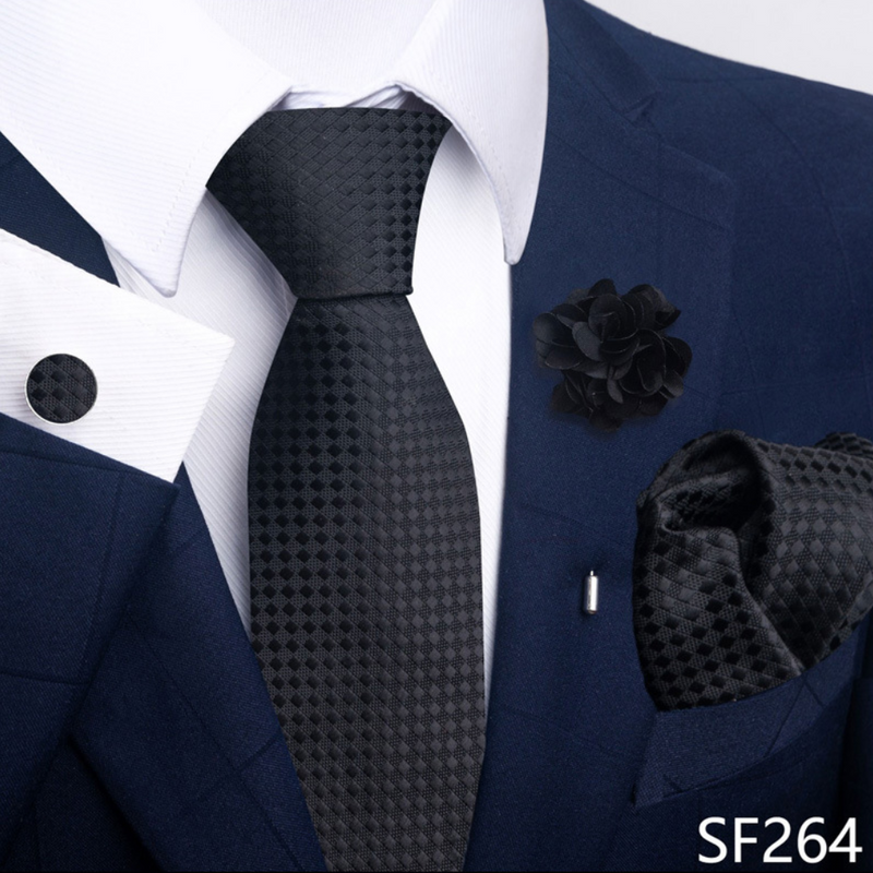 Men Ties Set Color Necktie Handkerchief Cufflinks Brooch Formal